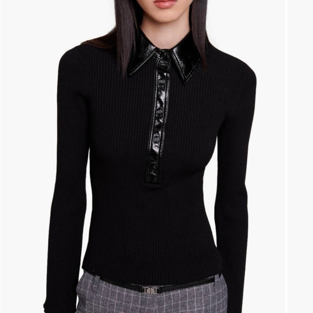 Maje Black Ribbed Knit Long-Sleeve Top with Patent Collar